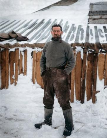 Tom Crean outside Scott's hut in Antarctica following the search for the lost polar party