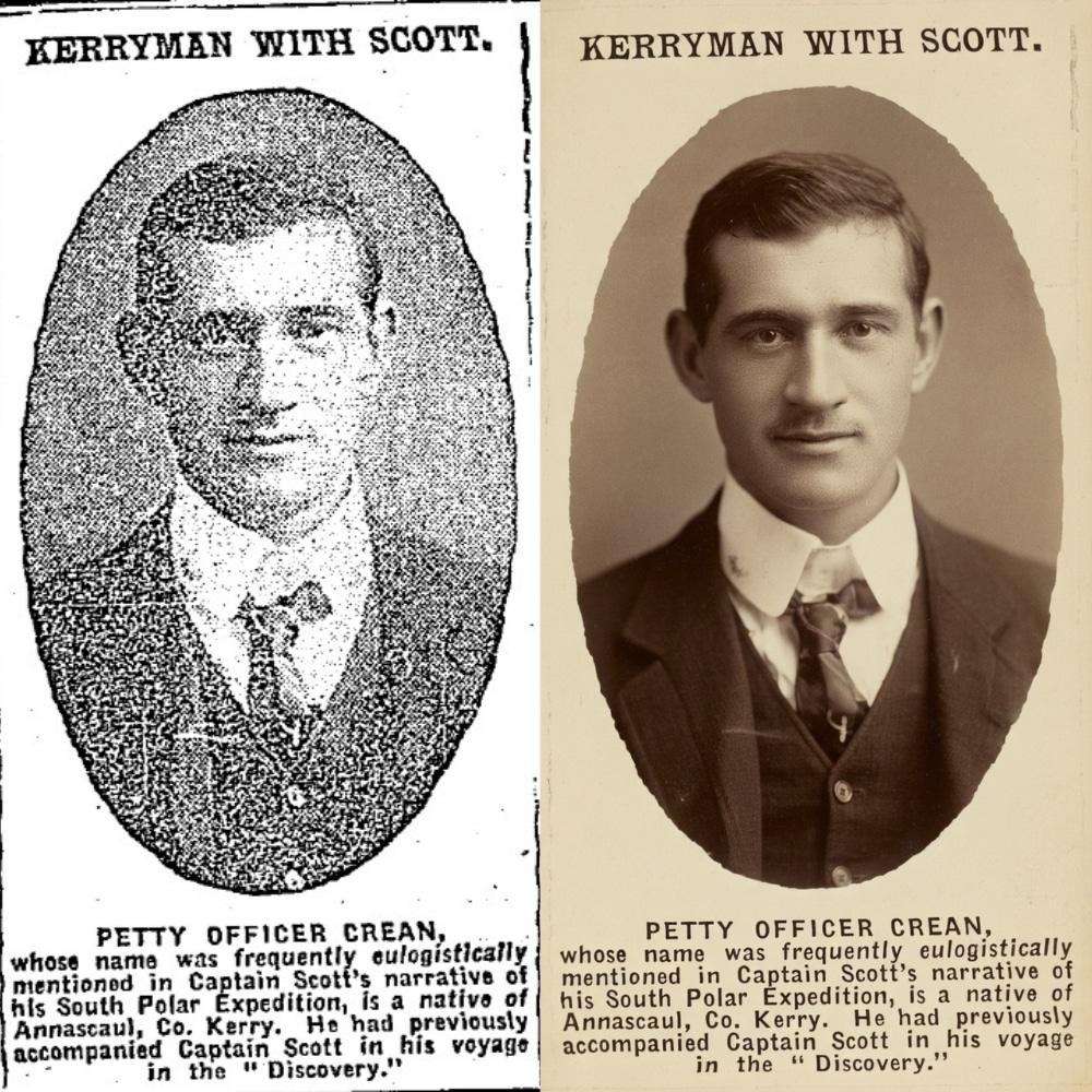 Tom Crean in a restored photo from a news clipping published in circa 1909-1910, before his second expedition with Scott aboard Terra Nova.